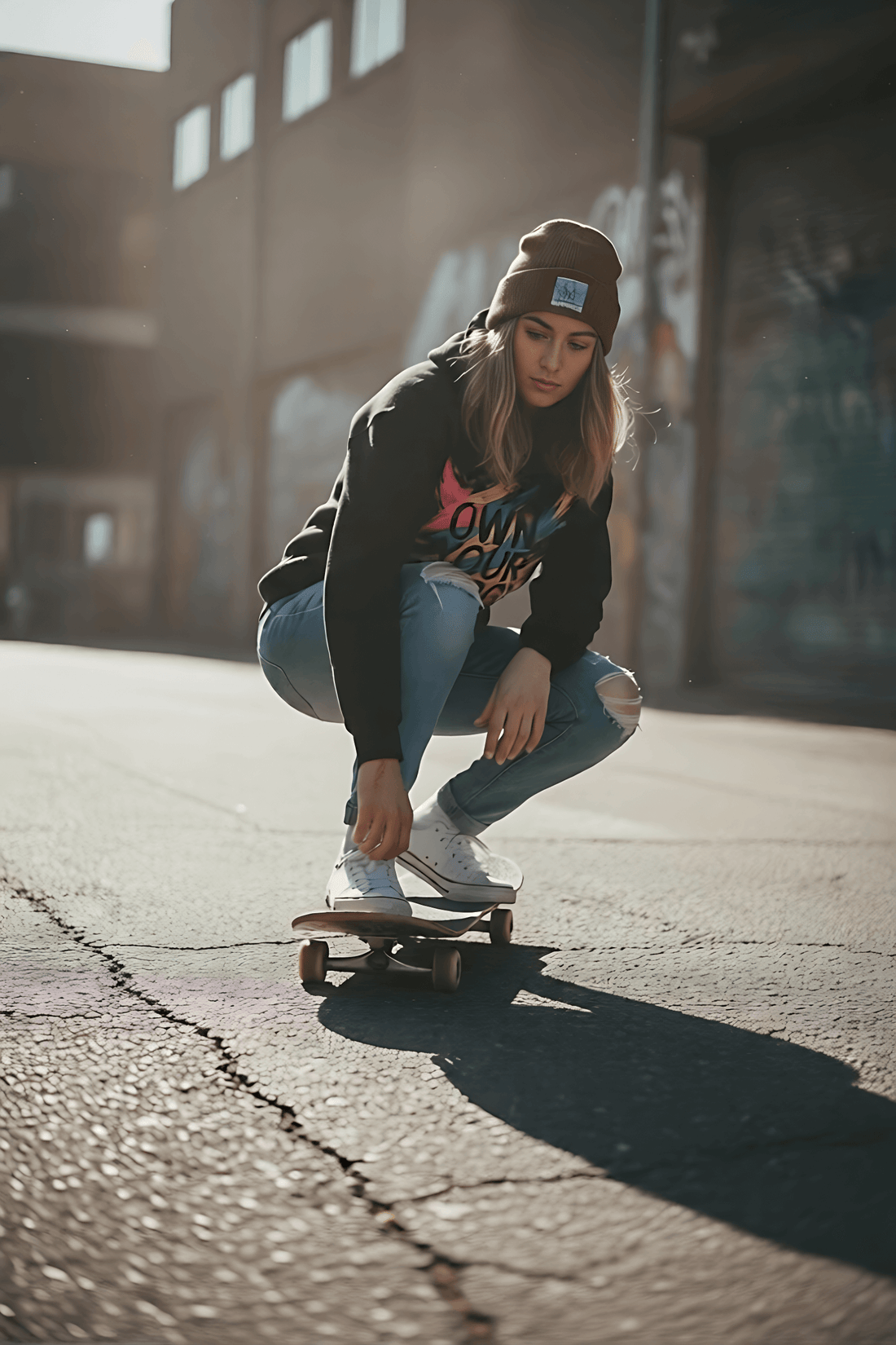 A woman in a beanie and hoodie performing a squat on a skateboard in the sun