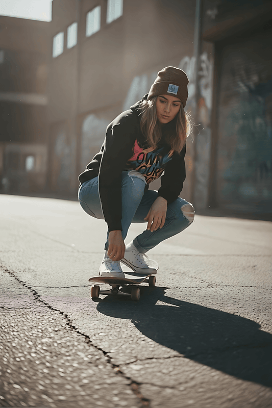 A woman in a beanie and hoodie performing a squat on a skateboard in the sun