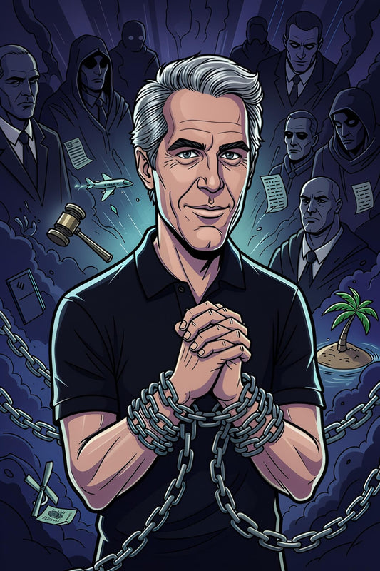 A dramatic AWONDERS brand illustration depicting Jeffrey Epstein in a comic-noir style.