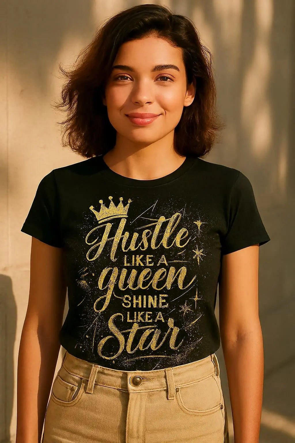 Women's t shirts with a gold glitter graphic design that reads "Hustle like a Queen Shine like a Star" and a crown icon. The t-shirt is black and worn by a young woman in beige pants.