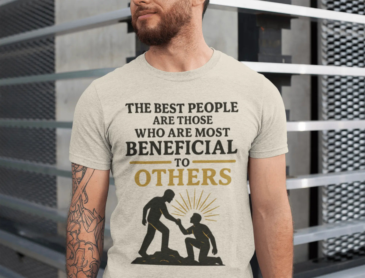 Mens t shirts with a bold, beneficial quote and a helping hands graphic, suitable for a casual or motivational look.